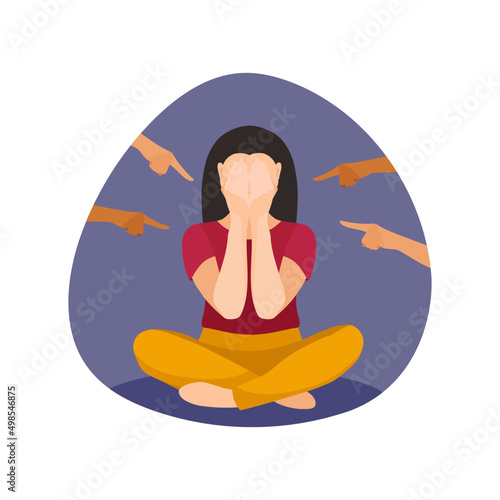 Asian girl sitting upset surrounded by pointing hands. Problem of humiliation, racism and bullying in human society. Flat vector illustration