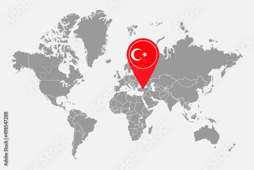 Pin map with Turkey flag on world map.Vector illustration.