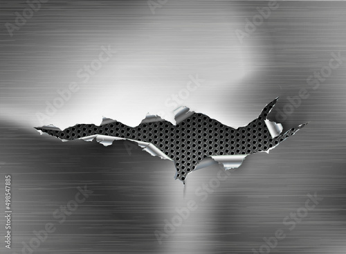 ragged Hole torn in ripped metal on steel background