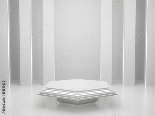 3D White Sci-Fi product stand mockup. Scientific podium with white neon lights. © Kavik