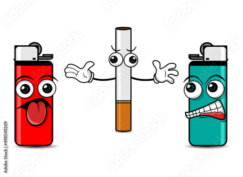 cartoon of two gas lighters clashing and being separated by a cigarette on a white background. vector illustration.