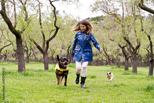 Photography Front view of woman with dogs running in the park