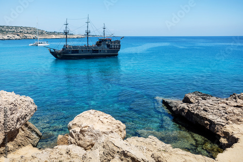 White tourists ship in the sea near Ayia Napa, Cyprus. Summer vacation, sea trip concept.