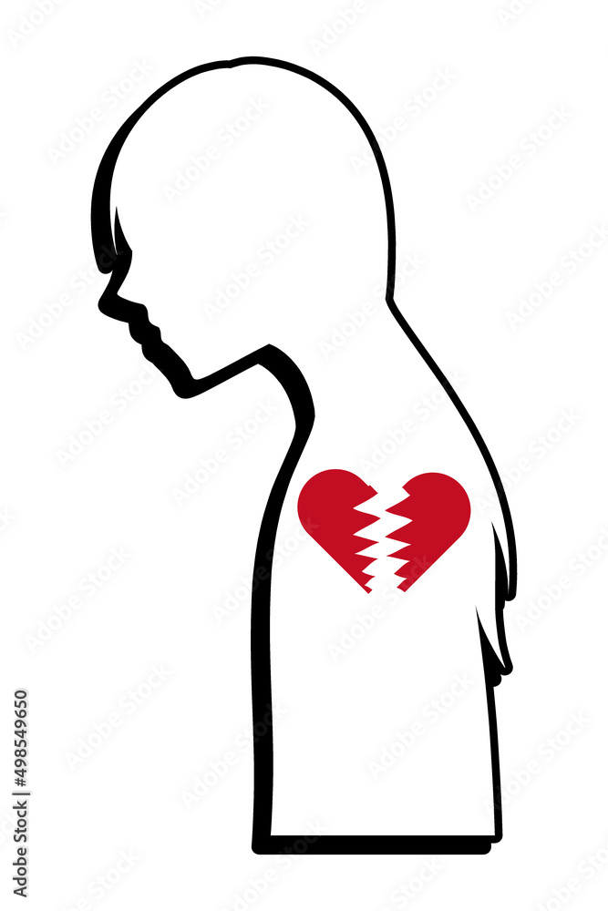 白色の塗りに黒色の線の女性のシルエットと割れたハートの精神崩壊イメージの抽象的なイラスト 白色の塗りに黒色の線の女性のシルエットと割れたハートの精神崩壊イメージの抽象的なイラスト