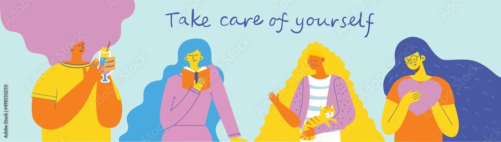 Love yourself set. Vector lifestyle concept card with text enjoy every moment. Motivation to take time for yourself: read books, go to events, create, be positive, do yoga. Love yourself set. Vector lifestyle concept card with text enjoy every moment. Motivation to take time for yourself: read books, go to events, create, be positive, do yoga.