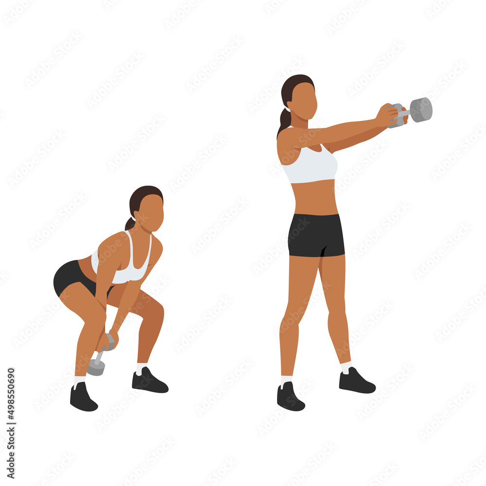 Woman doing Dumbbell swing exercise. Flat vector illustration isolated on white background. workout character set