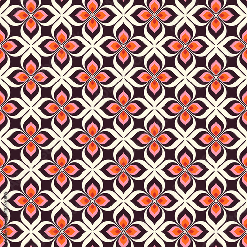Vintage geometric floral seamless pattern. Retro 70s nostalgic simple shaped groovy flowers with circles colorful background. Modern fashion vector print for fabric, wallpaper