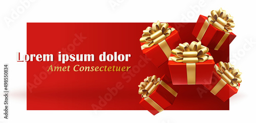 3d realsitic vector background. White gift boxes with golden ribbons and bows, presents banner adverticement flyer template. Red wall ad. 