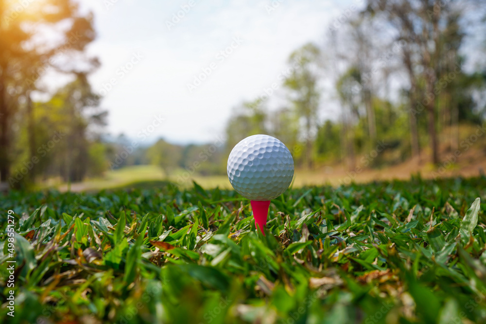 Golf ball on tee in beautiful golf course at sunset background. Golf ball on tee in beautiful golf course at sunset background.