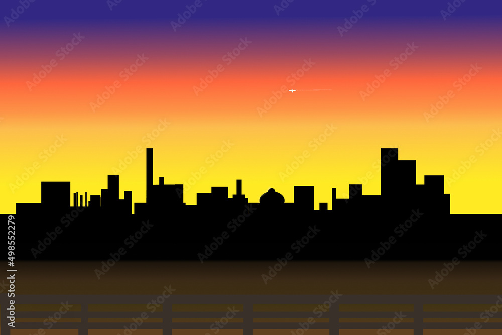 Stylized city skyline at sunset wit jet plane in sky.