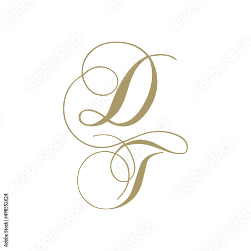 gold script monogram, letter d and letter t