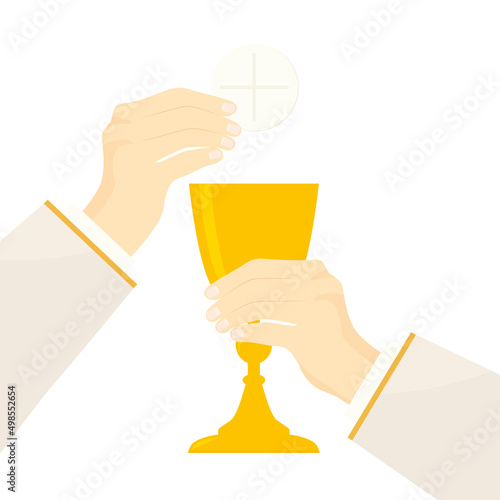 priest holds chalice and holy host, celebration of the mass, eucharist, holy communion - vector illustration