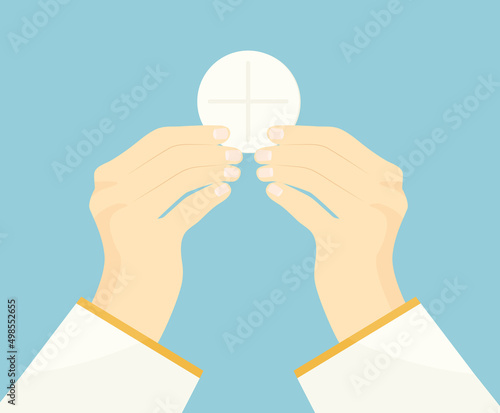 hands of priest raise holy host, communion, wafer- vector illustration