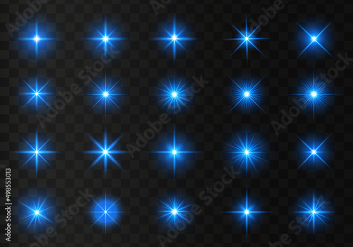 Set of glowing light stars with sparkles. Transparent shining sun, star explodes and bright flash. Blue bright illustration starburst.