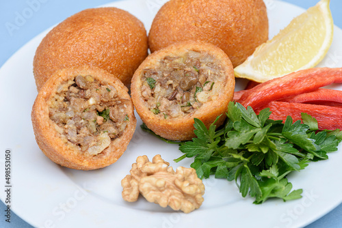 Stuffed meatballs, a traditional Turkish delicacy. Kibbeh is a popular dish in Middle Eastern cuisine (Turkish name; icli kofte)