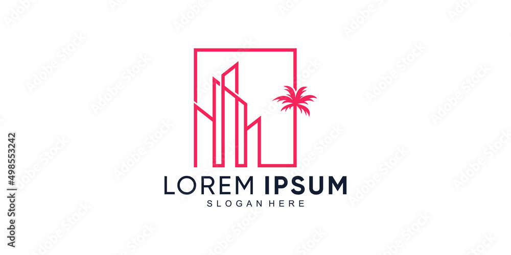 Palm and building logo design with creative unique concept Premium Vector