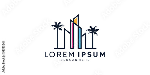Palm and building logo design with creative unique concept Premium Vector
