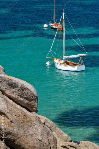 Sailing Boats and transparent water on Coz-Pors beach in Tregastel  C  tes d Armor  Brittany  France