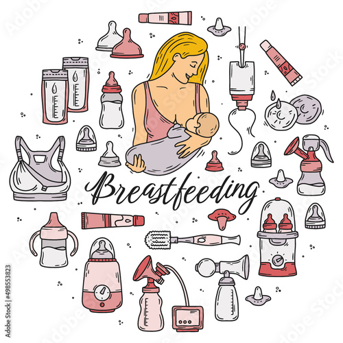Devices for breastfeeding with milk or infant formula, vector pink icons set with a woman and a baby. Lactation bottles, sterilizer, bags and a bra during nursing. Cartoon style illustration