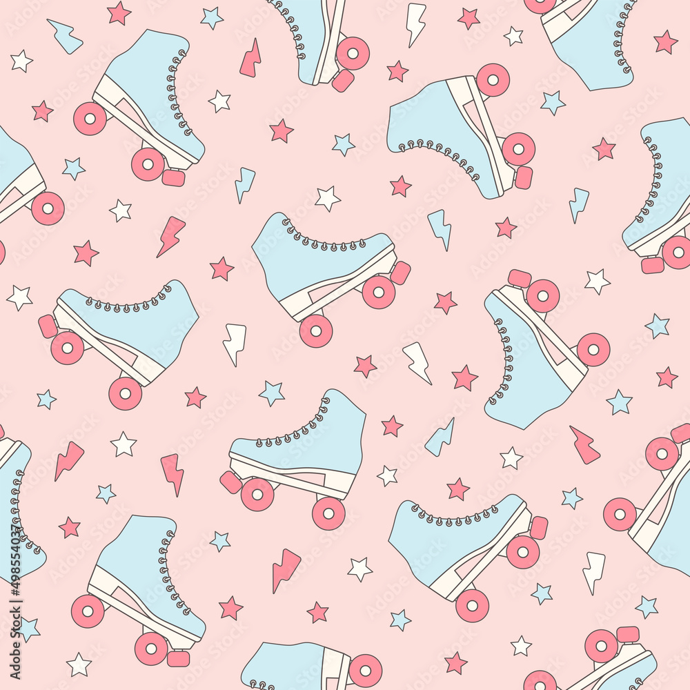 Roller skate groovy seamless pattern. Bright colored retro vector background. Cartoon style fashion print for fabric, wallpaper, wrapping paper