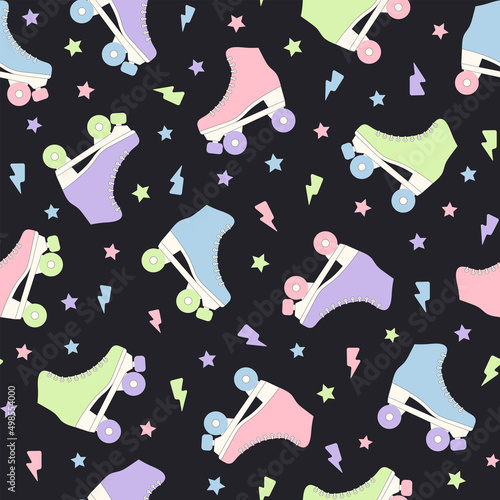 Roller skate groovy seamless pattern. Pastel colored retro vector background. Cartoon style fashion print for fabric, wallpaper, wrapping paper