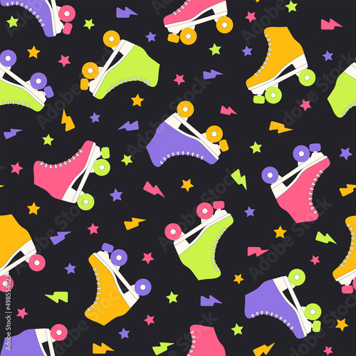Roller skate groovy seamless pattern. Neon colored retro vector background. Cartoon style fashion print for fabric, wallpaper, wrapping paper
