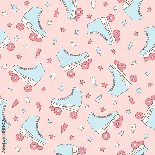 Roller skate groovy seamless pattern. Bright colored retro vector background. Cartoon style fashion print for fabric, wallpaper, wrapping paper