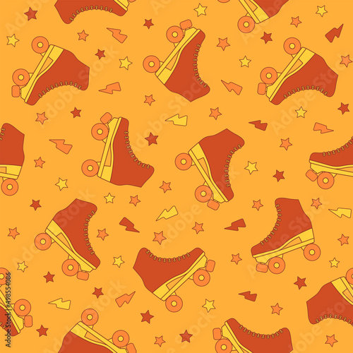 Roller skate groovy seamless pattern. Bright colored retro vector background. Cartoon style fashion print for fabric, wallpaper, wrapping paper