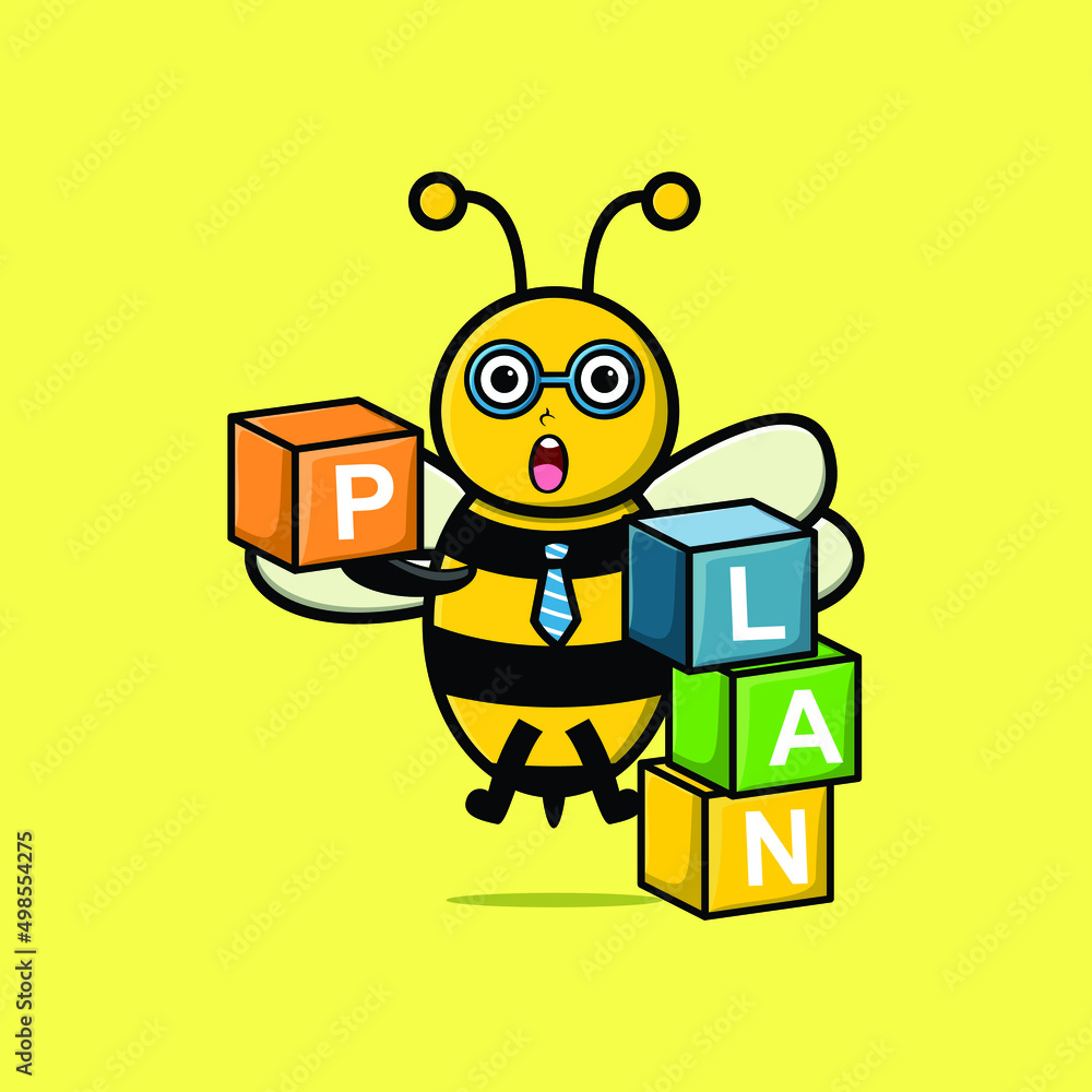 Cute cartoon bee businessman stacking plan box in 3d modern style ...