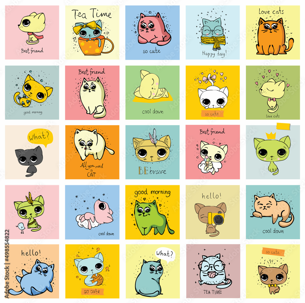Obraz premium Big set of vector cards with cute funny cats and hand drawn texts