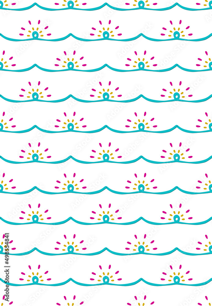 Scribbled wave line seamless pattern, cute geometrical grid template, sun symbol doodle shapes. White colors easy editable background, vector