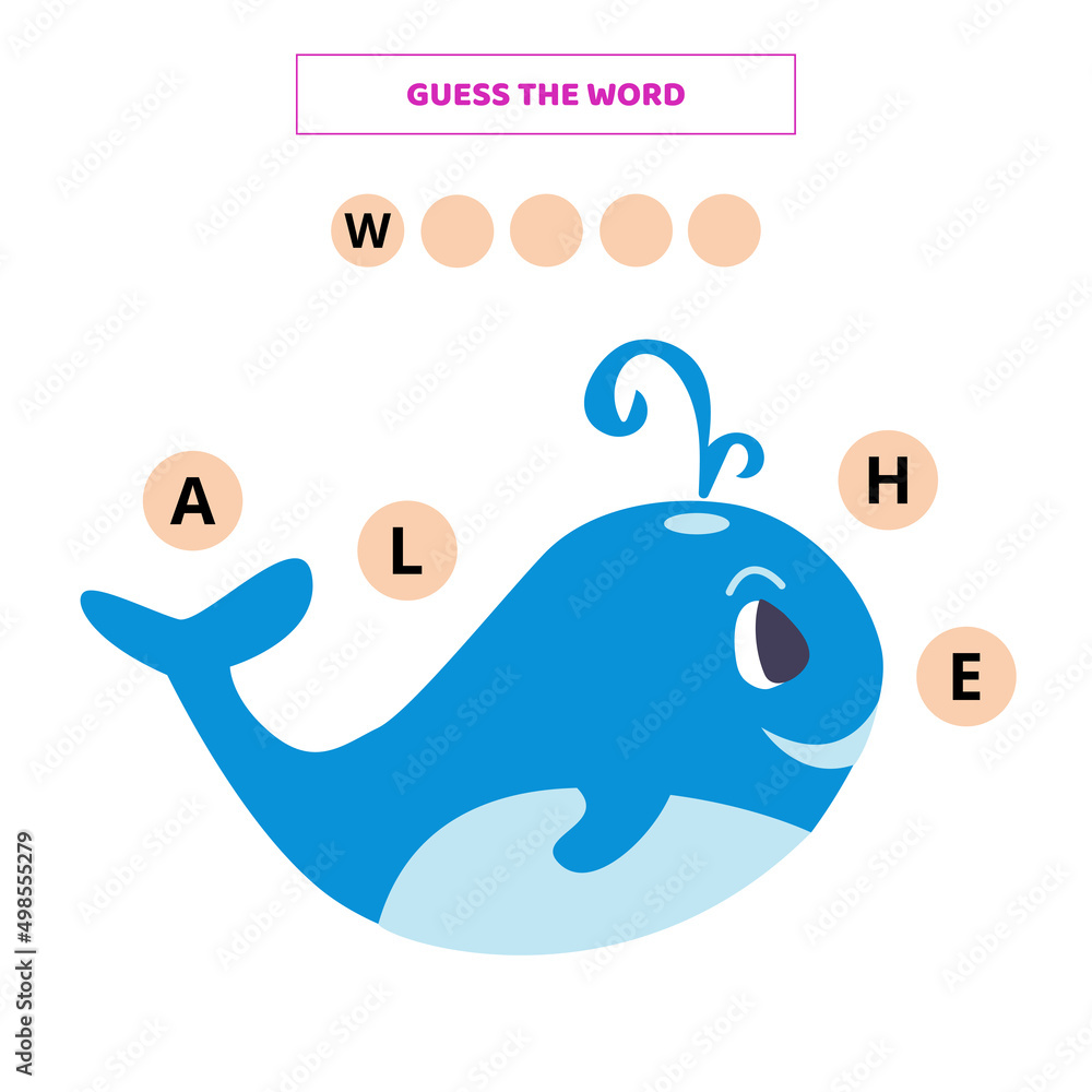 Guess the word. Educational game for kids with cartoon whale. Guess the word. Educational game for kids with cartoon whale.