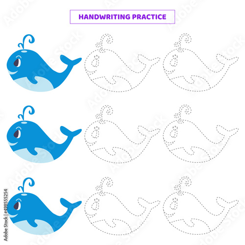 Handwriting practice for kids with cartoon whale. © Hanna Yemelianova