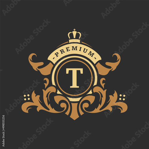 Luxury monogram logo template vector object for logotype or badge design. Trendy vintage royal ornament frame illustration, good for fashion boutique, alcohol or hotel brand