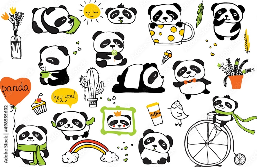 Fototapeta premium Cute baby pandas. Toy animals chinese symbols panda bear adorable funny baby mascot vector characters collection in cartoon style. Illustration of panda bear