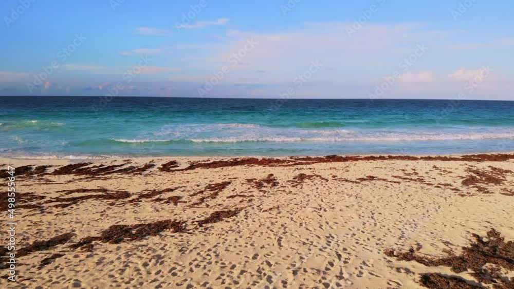Coastline of sea with breaking waves on sand. Sea expanse landscape. Blue sea and large foam waves float on the Carribian. Ocean background landscape. Blue Ocean, Yellow Sandy Beach Tropical Islands. Coastline of sea with breaking waves on sand. Sea expanse landscape. Blue sea and large foam waves float on the Carribian. Ocean background landscape. Blue Ocean, Yellow Sandy Beach Tropical Islands.