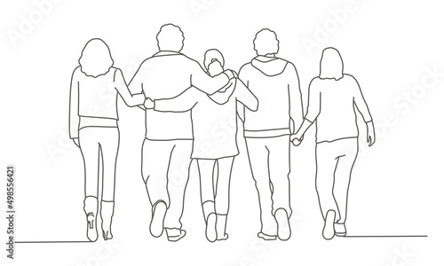 People, students, friends going away embracing.