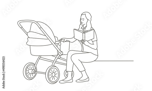 Mother or nanny is sitting on bench and reading book.