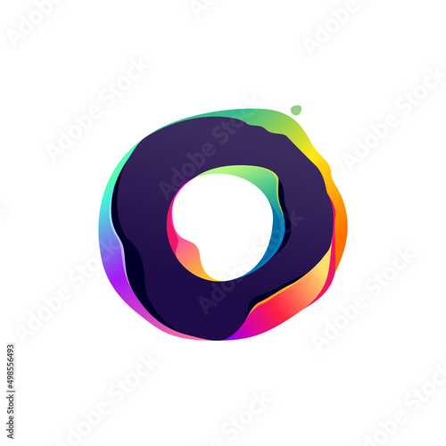 O letter logo with hologram glitch. Multicolor gradient sign with color shift and illusion effect.