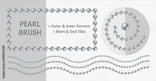 Pattern brush with pale blue pearl beads. Chain brush with corners, end and start tiles. Classic pastel coloration of pearl. Isolated on light backgrounds.