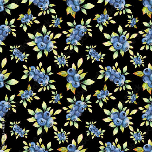 Watercolor seamless pattern. Design on a black background with blueberry leaves. Berry seamless design.