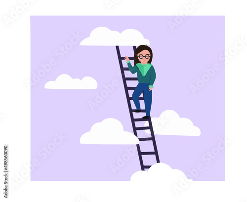 illustration of a girl climbing a ladder into the clouds