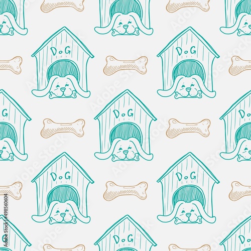 Dog in dog house vector illustration seamless pattern