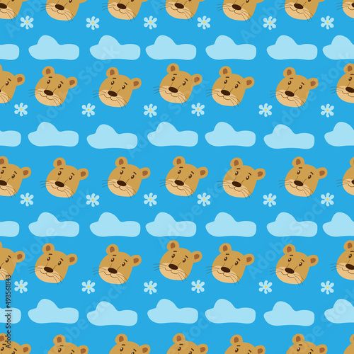 Children's pattern of animals, lion cubs with flowers on a blue background. Vector.