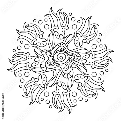 Sea mandala, coloring page for adults. Stylized octopuses, algae and starfish