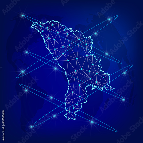 Global logistics network concept. Communications network map Moldova on the world background. Map Republic of Moldova with nodes in polygonal style. EPS10.