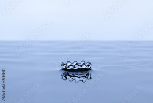 Splash and crown on white background. Reflection on the surface of the water.