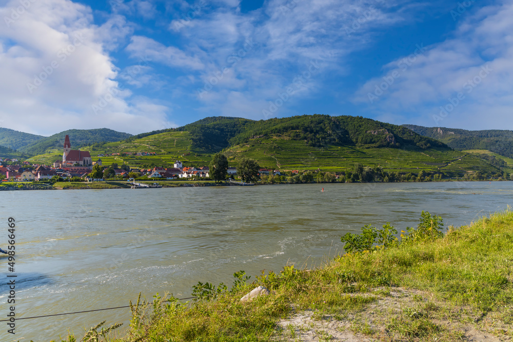 Wachau valley near Durnstein, UNESCO site, landscape with vineyards and Danube river, Austria