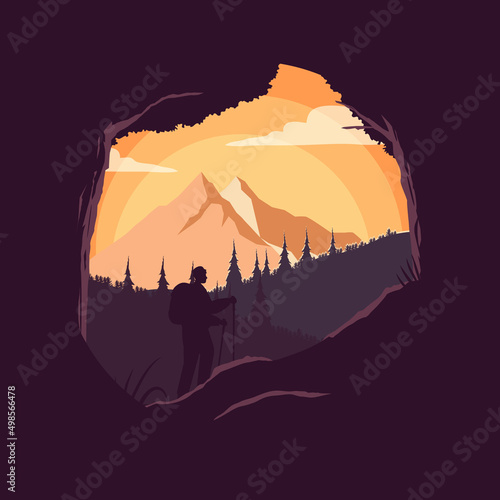 Man with backpack, traveller or explorer standing on top of mountain or cliff. Concept of discovery, exploration, hiking, adventure tourism and travel. Flat vector illustration.