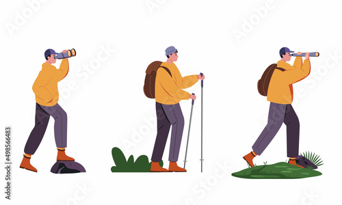 man backpacker travel adventure concept. outdoor vacation recreation in nature theme of hiking, climbing and trekking with people character set.